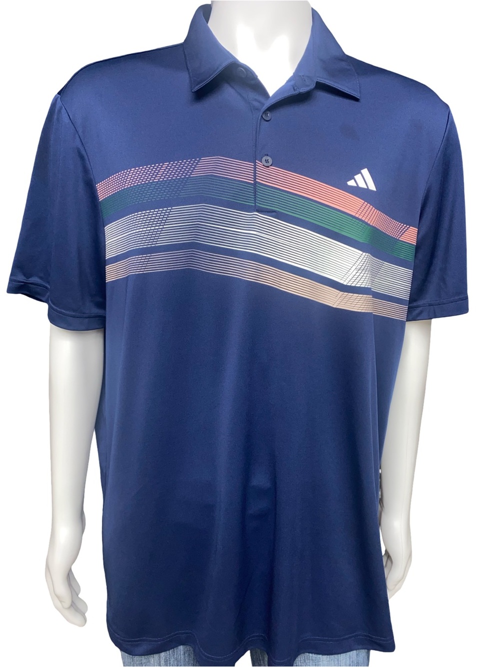 Adidas Golf Polo Shirt Men’s 2XL Blue Striped Performance Short Sleeve